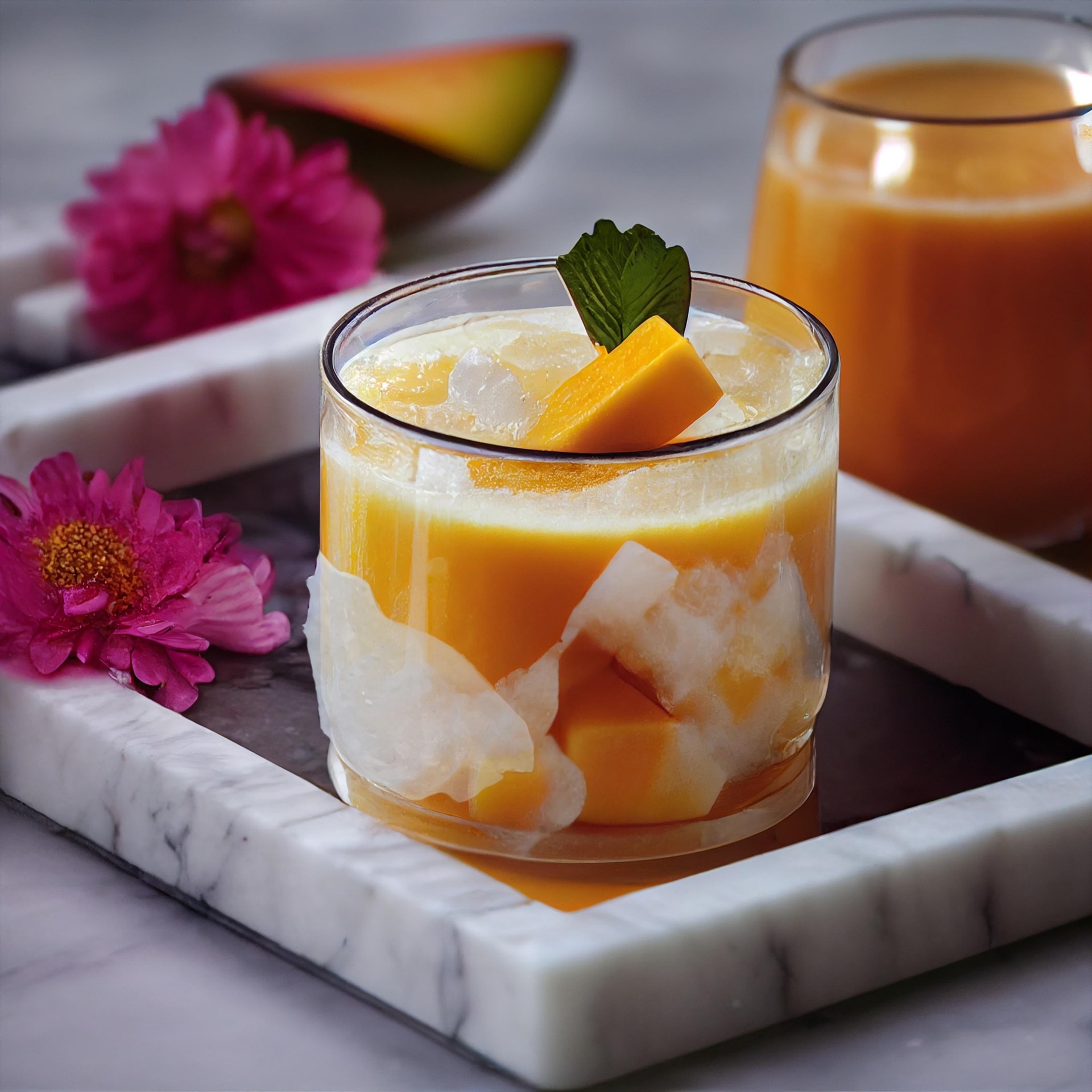 Mango juice with ice cubes, mango slice, and mint garnish in a glass.