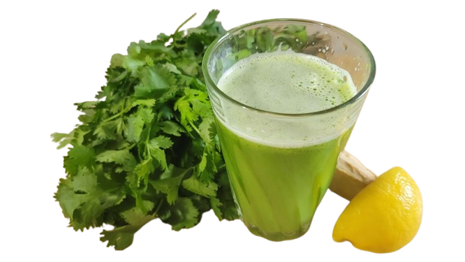 Glass of green juice with fresh cilantro and lemon.